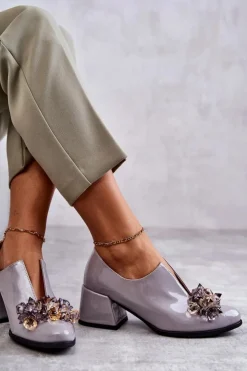 New Boto Lakierowane Skórzane Półbuty Gładkie Z Ciemną Ozdobą Szare Delaver