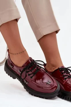 Discount Artiker Lakierowane Skórzane Półbuty Damskie Z Przypinkami 57C0336 Bordowe Czerwony