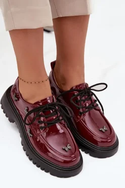 Discount Artiker Lakierowane Skórzane Półbuty Damskie Z Przypinkami 57C0336 Bordowe Czerwony