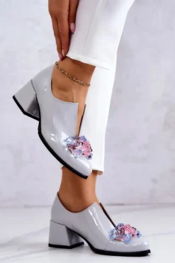 Damskie Boto Lakierowane Skórzane Półbuty Gładkie Z Ozdobą Szare Delaver