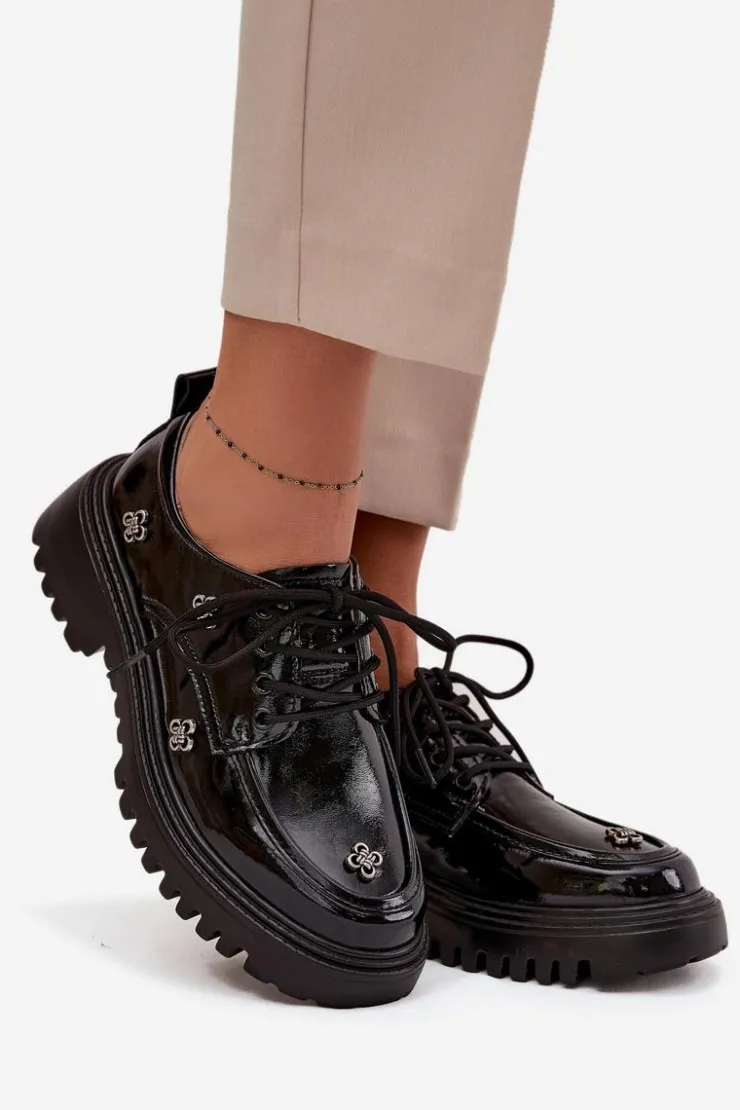 Artiker Półbuty Lakierowane|Półbuty Skórzane*Lakierowane Skórzane Półbuty Damskie Z Przypinkami 57C0333 Czarne Czarny