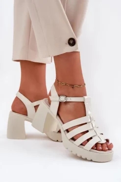 Buty damskie Vinceza Lakierowane Skórzane Sandały Damskie Na Słupku Vinceza 66621 Jasnobeżowe Beżowy