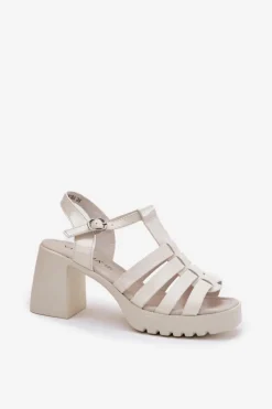 Buty damskie Vinceza Lakierowane Skórzane Sandały Damskie Na Słupku Vinceza 66621 Jasnobeżowe Beżowy