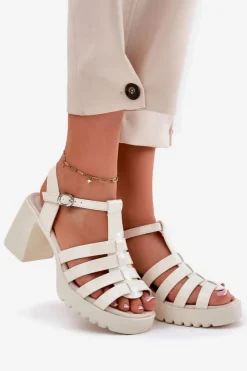 Buty damskie Vinceza Lakierowane Skórzane Sandały Damskie Na Słupku Vinceza 66621 Jasnobeżowe Beżowy