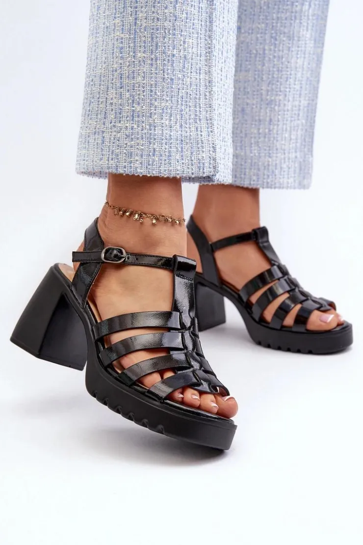 New Buty damskie Vinceza Lakierowane Skórzane Sandały Damskie Na Słupku Vinceza 66621 Czarne Czarny