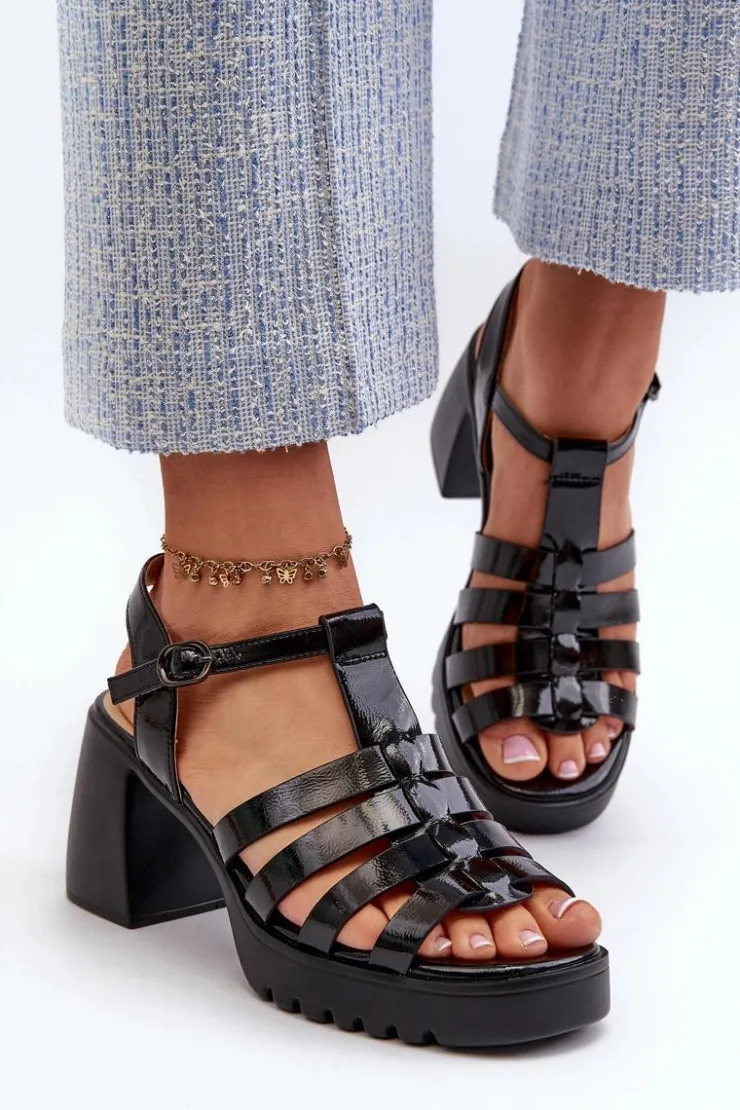 New Buty damskie Vinceza Lakierowane Skórzane Sandały Damskie Na Słupku Vinceza 66621 Czarne Czarny