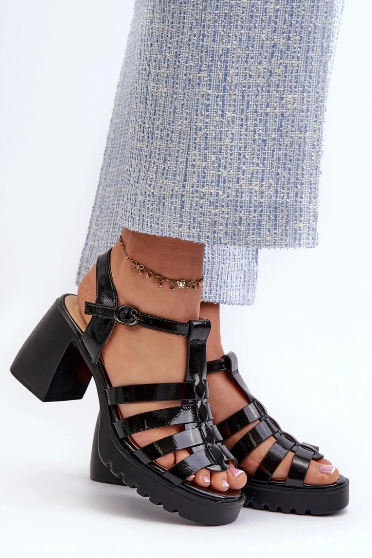 New Buty damskie Vinceza Lakierowane Skórzane Sandały Damskie Na Słupku Vinceza 66621 Czarne Czarny