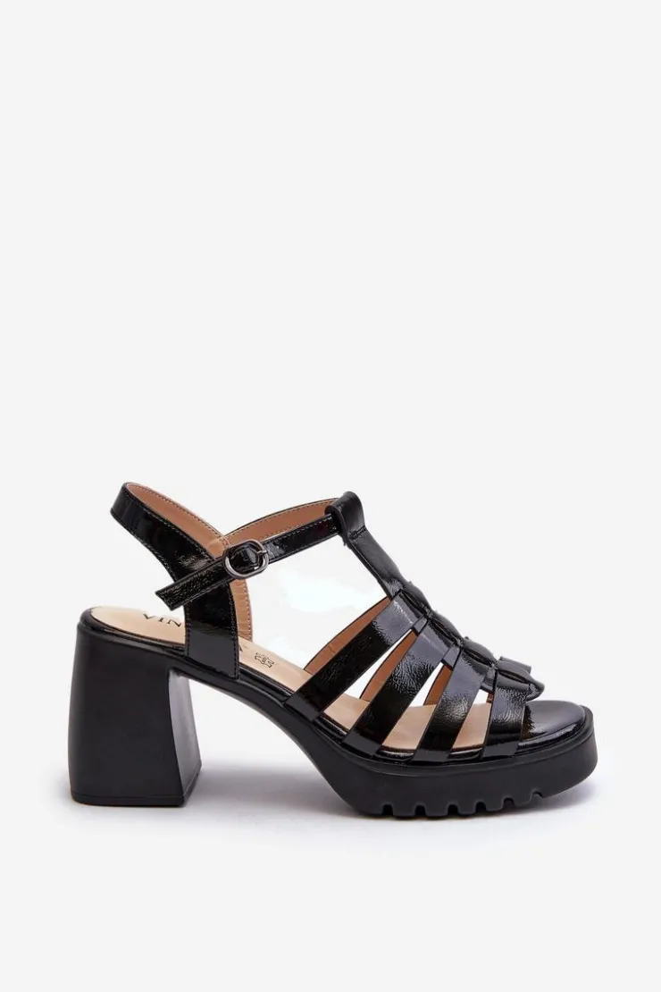 New Buty damskie Vinceza Lakierowane Skórzane Sandały Damskie Na Słupku Vinceza 66621 Czarne Czarny