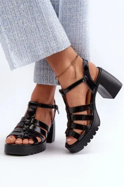 New Buty damskie Vinceza Lakierowane Skórzane Sandały Damskie Na Słupku Vinceza 66621 Czarne Czarny