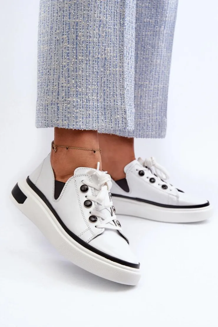 Clearance Damskie buty S.Barski Lakierowane Sneakersy Damskie Skórzane D&A LR535 Białe