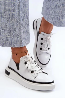 Clearance Damskie buty S.Barski Lakierowane Sneakersy Damskie Skórzane D&A LR535 Białe