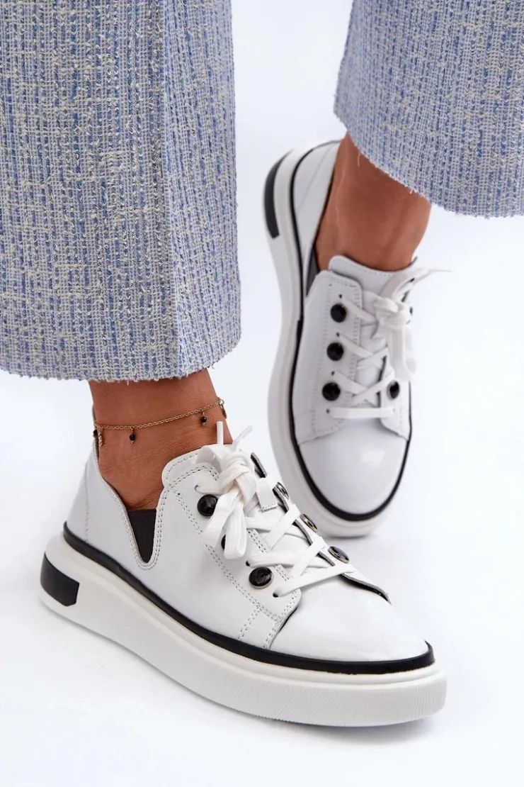 Clearance Damskie buty S.Barski Lakierowane Sneakersy Damskie Skórzane D&A LR535 Białe