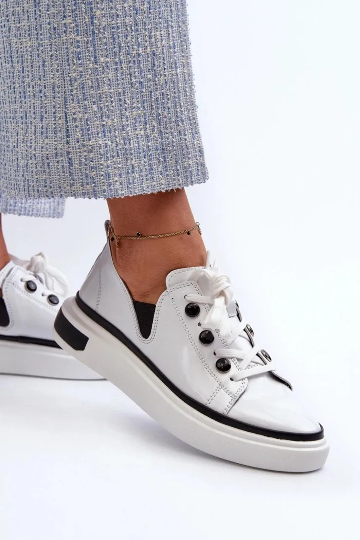 Clearance Damskie buty S.Barski Lakierowane Sneakersy Damskie Skórzane D&A LR535 Białe
