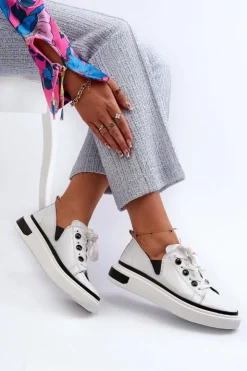 Clearance Damskie buty S.Barski Lakierowane Sneakersy Damskie Skórzane D&A LR535 Białe