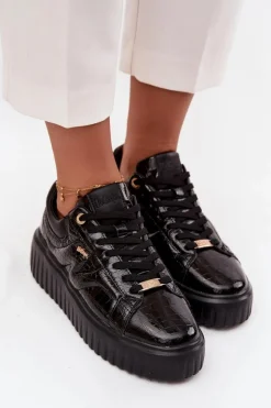 Lee Cooper Sneakersy Damskie*Lakierowane Sneakersy Damskie Na Platformie LCJ-25-09-3870 Czarne