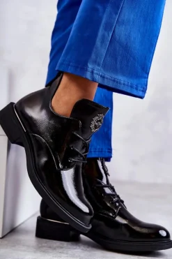 Hot Buty damskie Vinceza Lakierowane Sznurowane Botki Z Wycięciami Czarne Fabiana