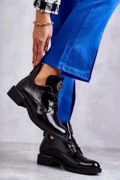 Hot Buty damskie Vinceza Lakierowane Sznurowane Botki Z Wycięciami Czarne Fabiana