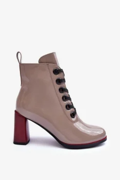 Damskie Damskie buty S.Barski Lakierowane Sznurowane Botki Na Słupku S.Barski MR870-15 Ciemnobeżowe