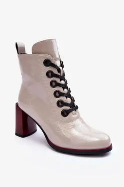 Damskie buty S.Barski Botki Sznurowane|Botki Na Słupku*Lakierowane Sznurowane Botki Na Słupku S.Barski MR870-15 Jasnoszare