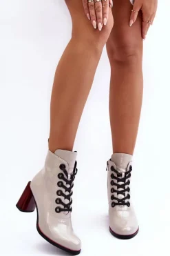 Damskie buty S.Barski Botki Sznurowane|Botki Na Słupku*Lakierowane Sznurowane Botki Na Słupku S.Barski MR870-15 Jasnoszare