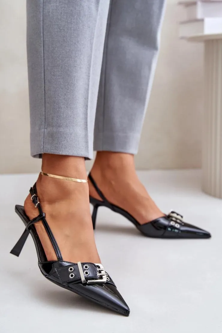 Boto Czółenka Klasyczne*Lakierowane Szpilki Z Klamrą Czarne Zeisia