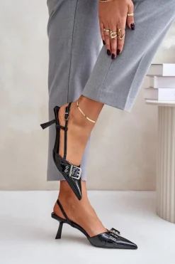 Boto Czółenka Klasyczne*Lakierowane Szpilki Z Klamrą Czarne Zeisia