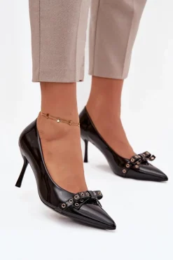 Damskie Boto Lakierowane Szpilki Z Kokardką Czarne Janisse