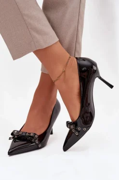 Damskie Boto Lakierowane Szpilki Z Kokardką Czarne Janisse