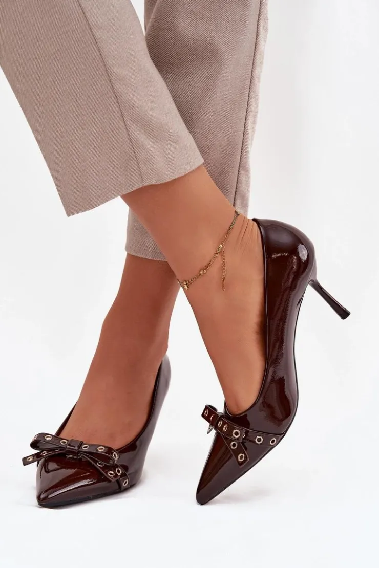 Boto Czółenka Klasyczne*Lakierowane Szpilki Z Kokardką Czekoladowe Janisse Brązowy