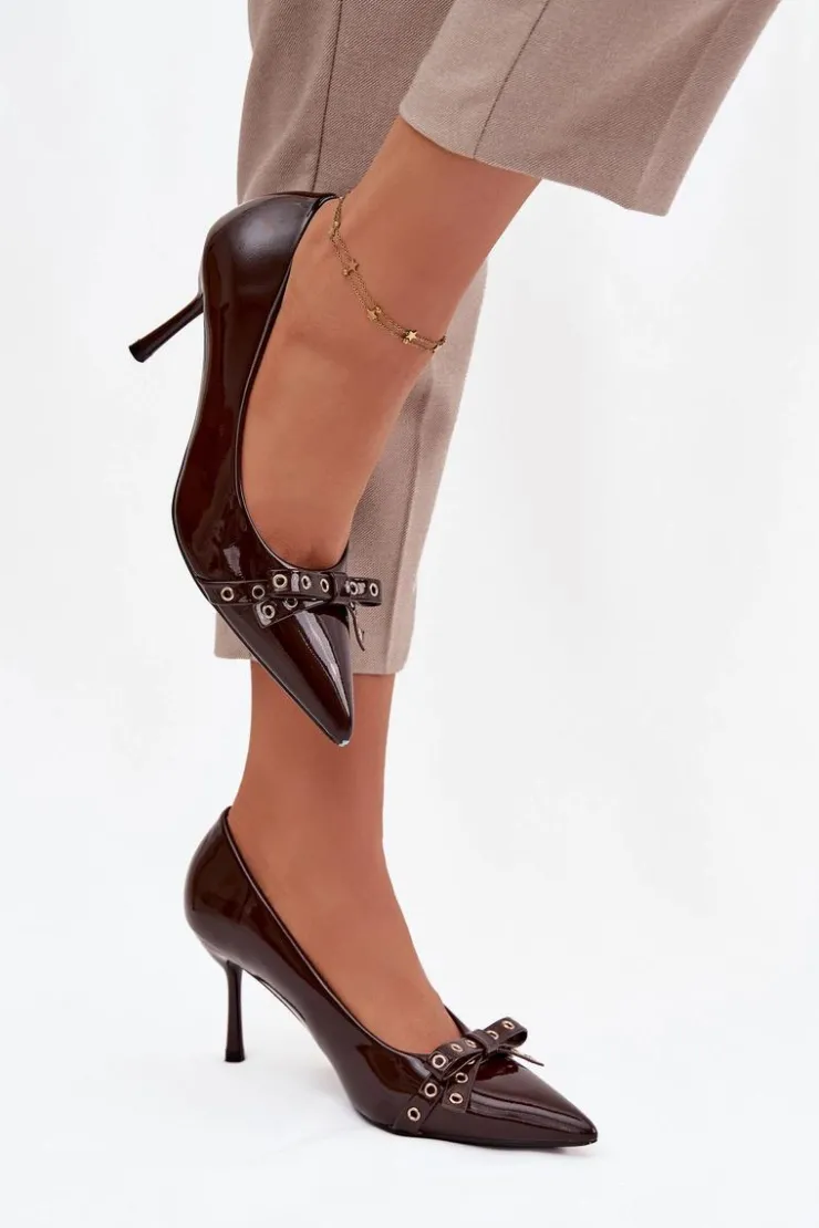 Boto Czółenka Klasyczne*Lakierowane Szpilki Z Kokardką Czekoladowe Janisse Brązowy