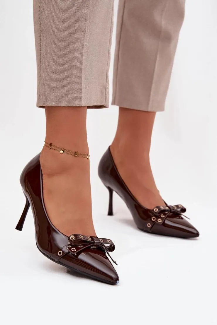 Boto Czółenka Klasyczne*Lakierowane Szpilki Z Kokardką Czekoladowe Janisse Brązowy