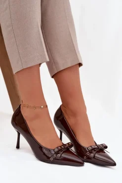 Boto Czółenka Klasyczne*Lakierowane Szpilki Z Kokardką Czekoladowe Janisse Brązowy