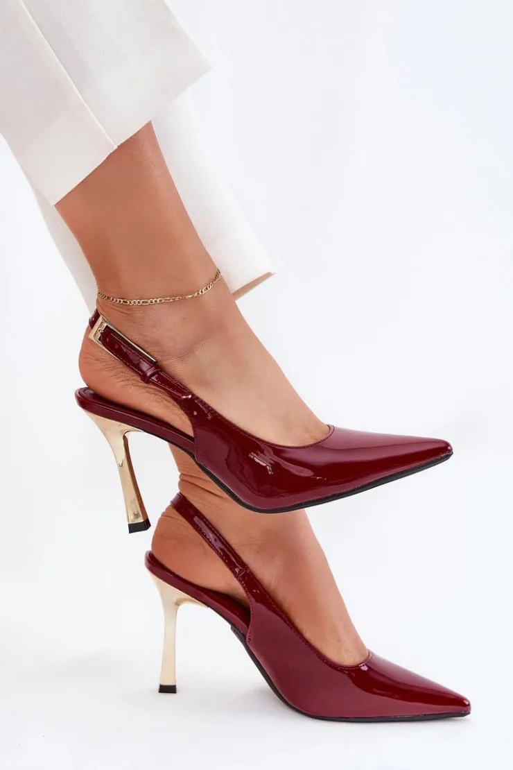 Boto Czółenka Klasyczne*Lakierowane Szpilki Z Odkrytą Piętą I Szpiczastymi Noskami Bordowe Rivori