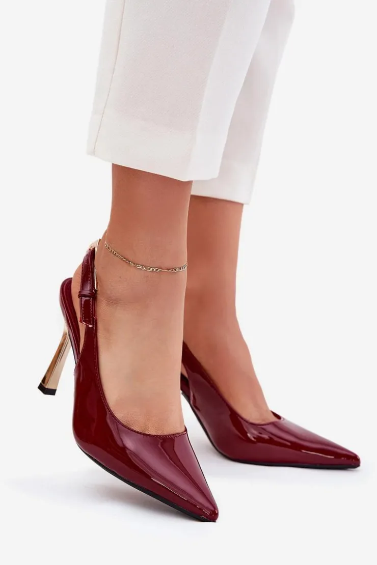 Boto Czółenka Klasyczne*Lakierowane Szpilki Z Odkrytą Piętą I Szpiczastymi Noskami Bordowe Rivori