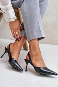 Damskie Boto Lakierowane Szpilki Z Odkrytą Piętą Czarne Emmizola