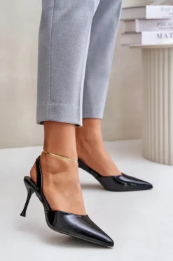 Damskie Boto Lakierowane Szpilki Z Odkrytą Piętą Czarne Emmizola