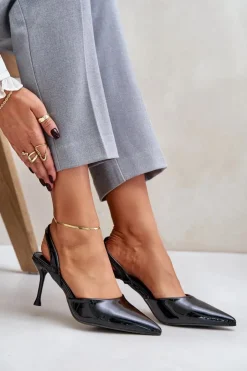Damskie Boto Lakierowane Szpilki Z Odkrytą Piętą Czarne Emmizola