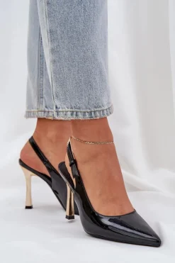 Damskie Boto Lakierowane Szpilki Z Odkrytą Piętą I Szpiczastymi Noskami Czarne Rivori
