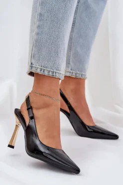 Damskie Boto Lakierowane Szpilki Z Odkrytą Piętą I Szpiczastymi Noskami Czarne Rivori