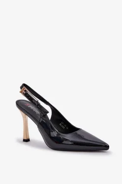 Damskie Boto Lakierowane Szpilki Z Odkrytą Piętą I Szpiczastymi Noskami Czarne Rivori