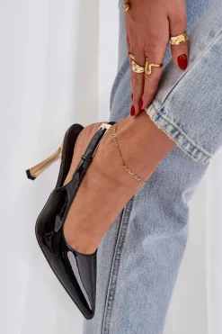 Damskie Boto Lakierowane Szpilki Z Odkrytą Piętą I Szpiczastymi Noskami Czarne Rivori