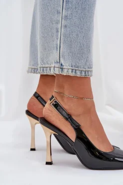 Damskie Boto Lakierowane Szpilki Z Odkrytą Piętą I Szpiczastymi Noskami Czarne Rivori