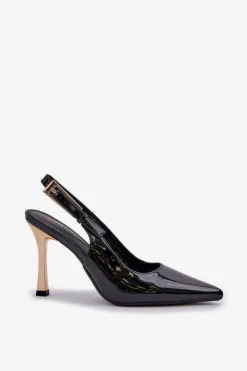 Damskie Boto Lakierowane Szpilki Z Odkrytą Piętą I Szpiczastymi Noskami Czarne Rivori