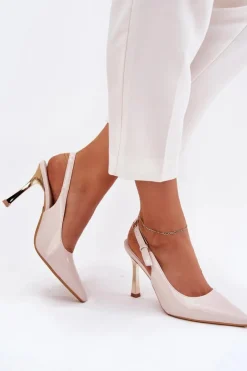 Damskie Boto Lakierowane Szpilki Z Odkrytą Piętą I Szpiczastymi Noskami Jasnobeżowe Rivori