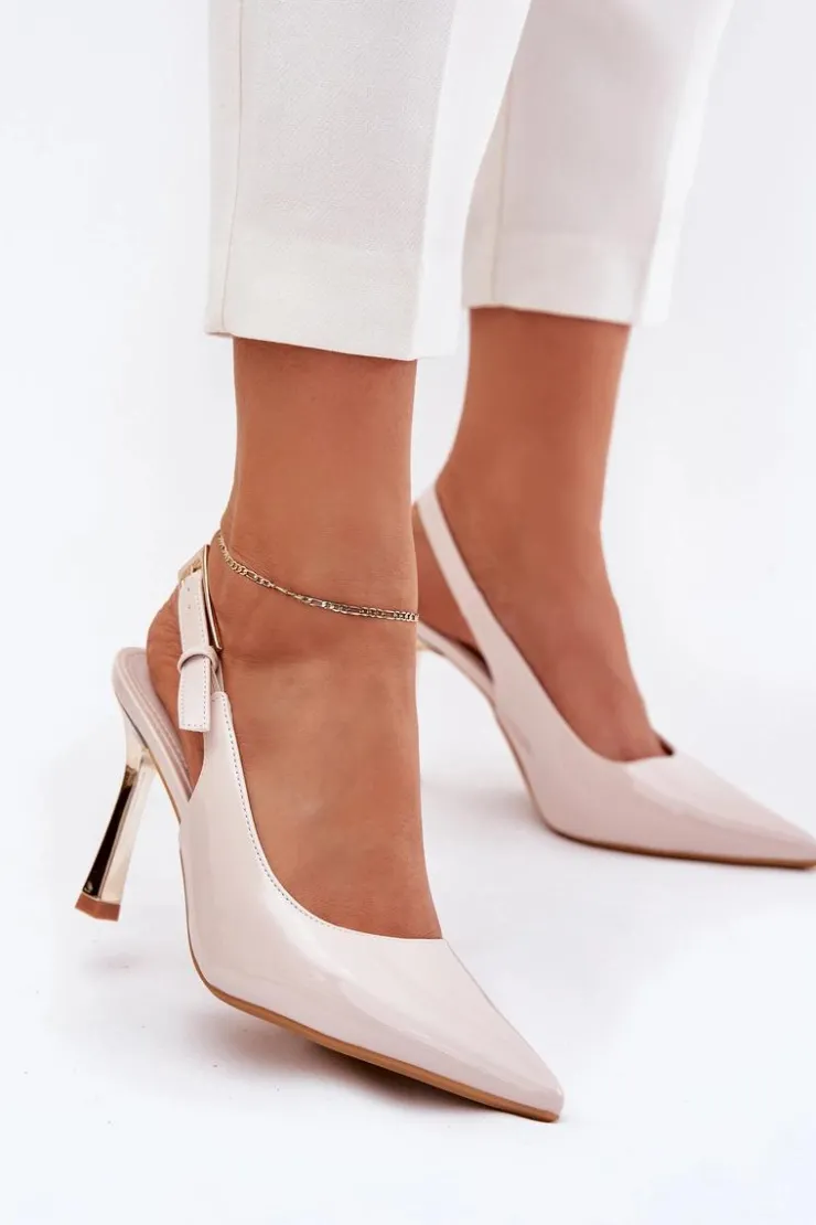 Damskie Boto Lakierowane Szpilki Z Odkrytą Piętą I Szpiczastymi Noskami Jasnobeżowe Rivori