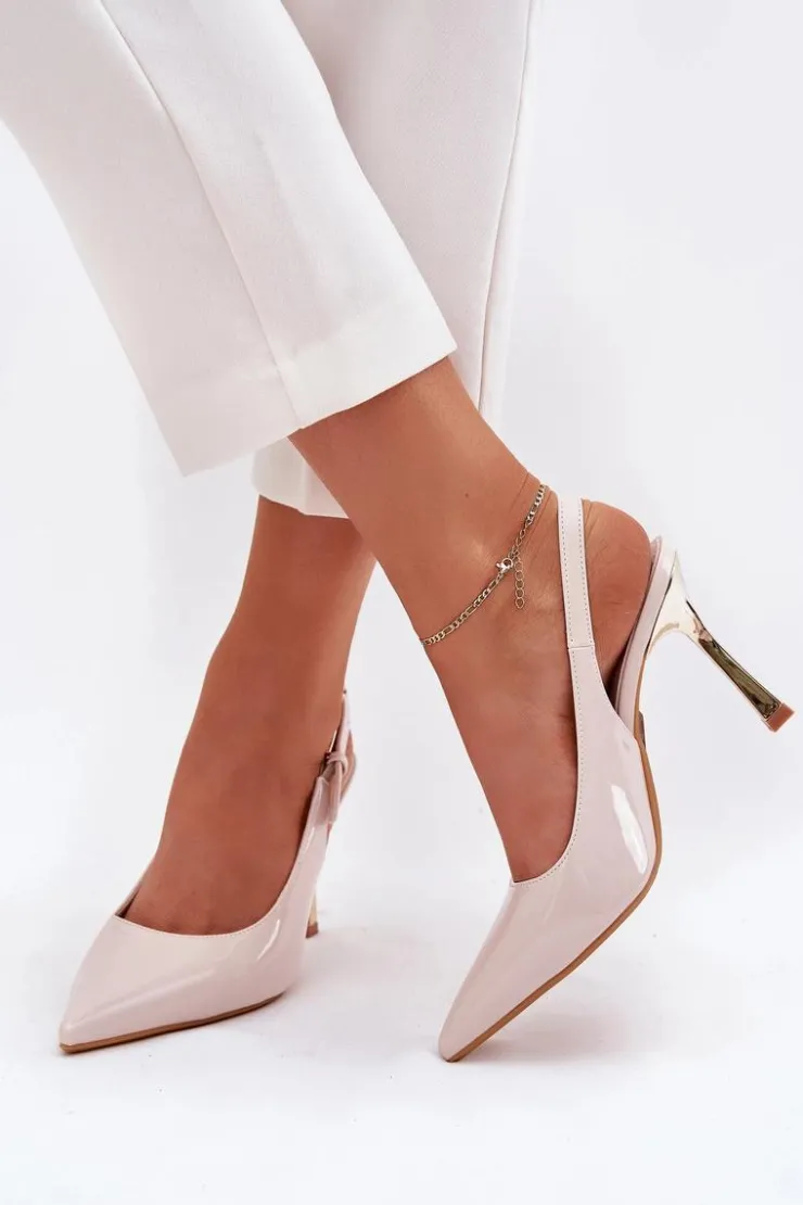 Damskie Boto Lakierowane Szpilki Z Odkrytą Piętą I Szpiczastymi Noskami Jasnobeżowe Rivori