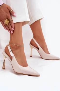 Damskie Boto Lakierowane Szpilki Z Odkrytą Piętą I Szpiczastymi Noskami Jasnobeżowe Rivori