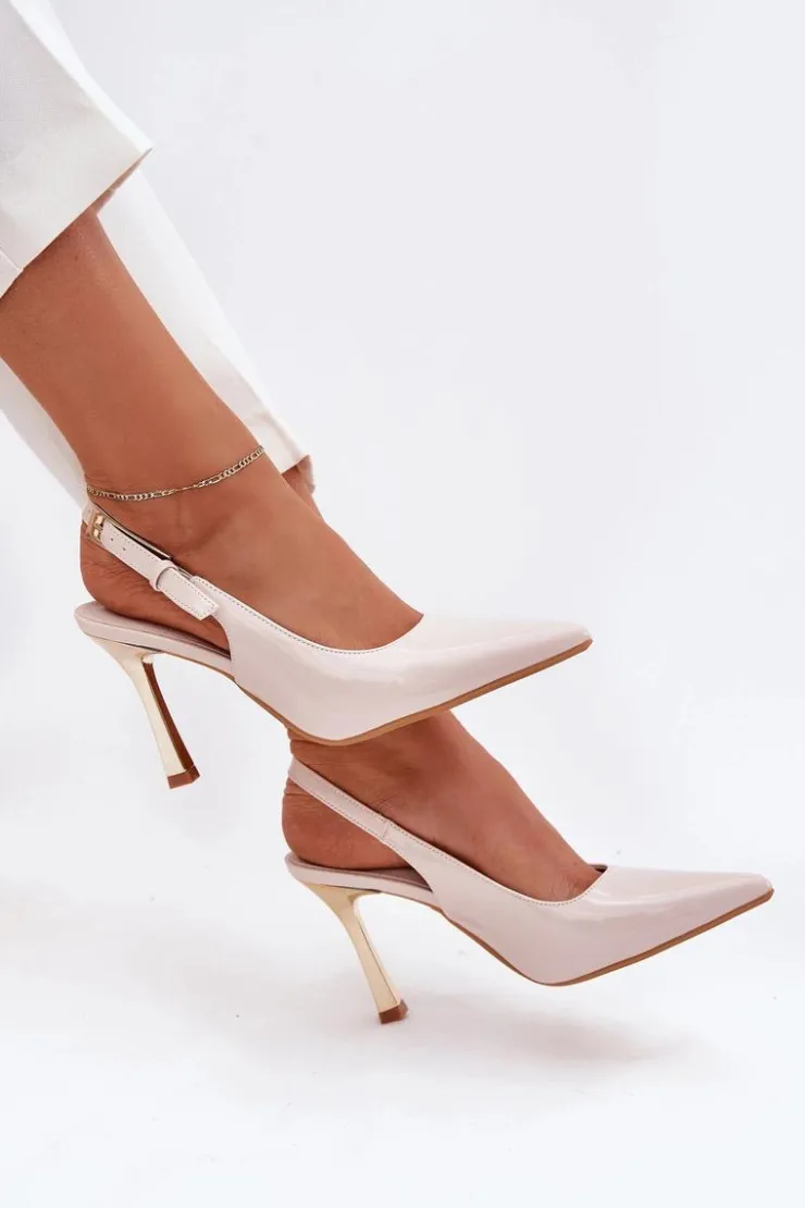 Damskie Boto Lakierowane Szpilki Z Odkrytą Piętą I Szpiczastymi Noskami Jasnobeżowe Rivori