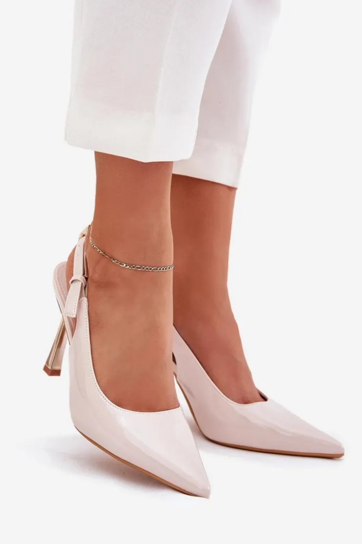 Damskie Boto Lakierowane Szpilki Z Odkrytą Piętą I Szpiczastymi Noskami Jasnobeżowe Rivori