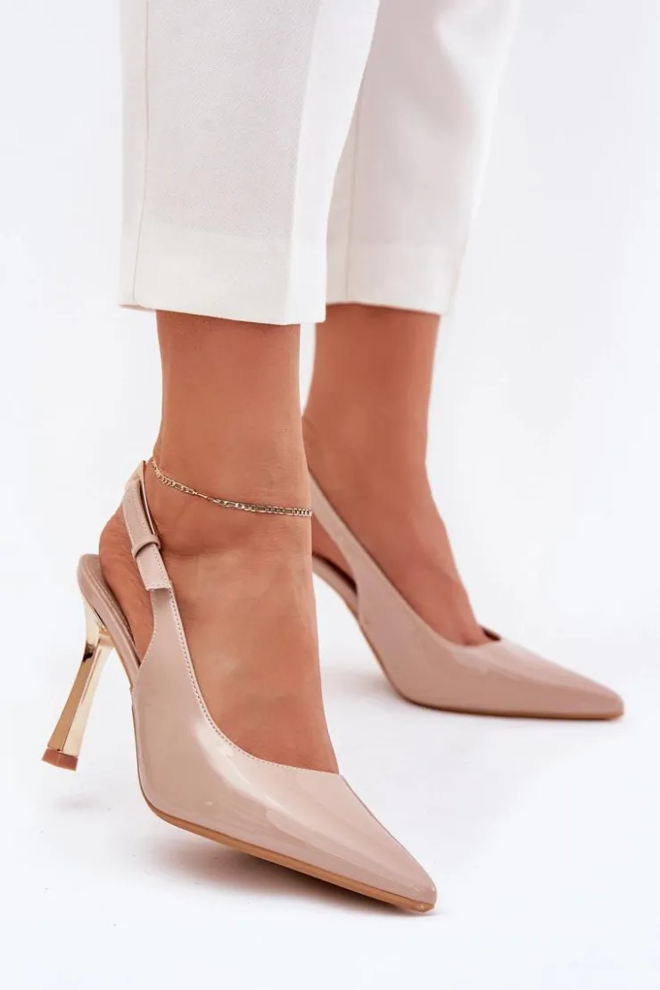 Boto Czółenka Klasyczne*Lakierowane Szpilki Z Odkrytą Piętą I Szpiczastymi Noskami Beżowe Rivori Beżowy